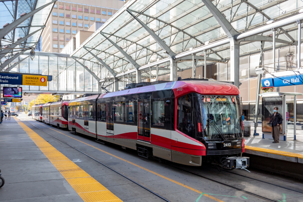 Calgary's C Train stopped at City Hall Station.