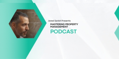 Promotional graphic for the Mastering Property Management Podcast hosted by Jared Sarbit, featuring his photo and a modern geometric design.