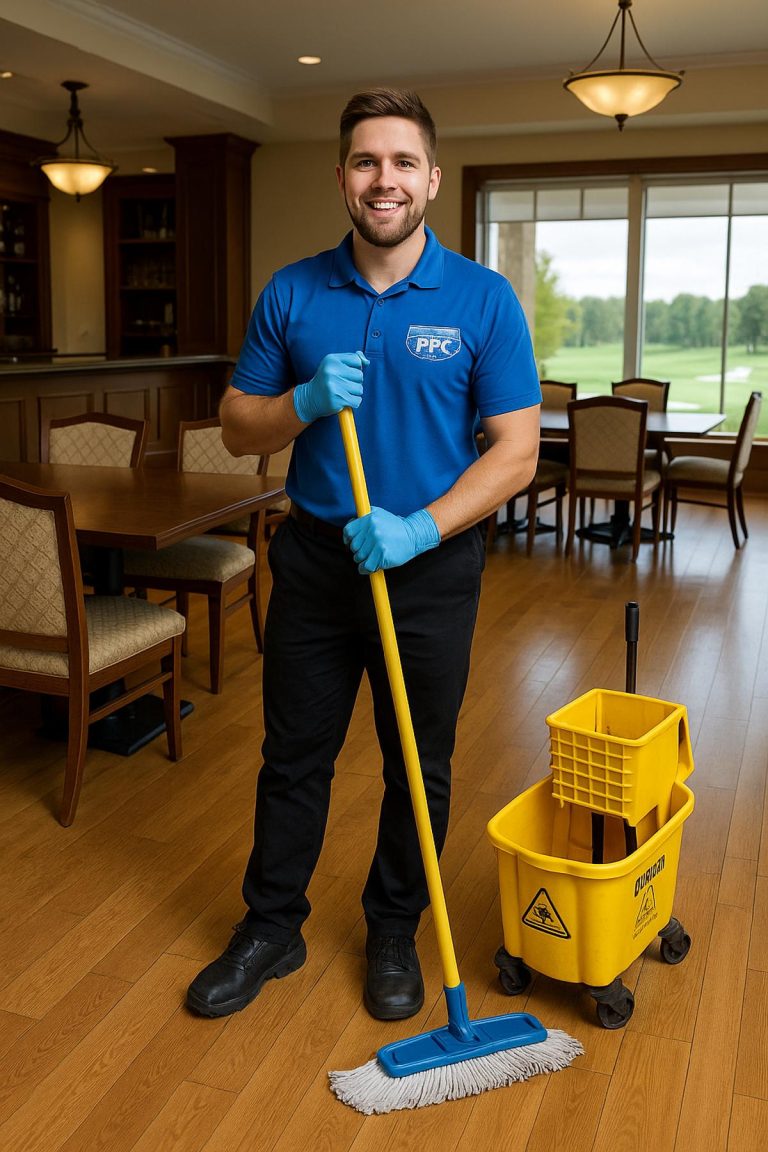 Picture Perfect Cleaning employee mopping the hardwood floor of a golf and country club in Calgary or Edmonton, wearing blue PPC uniform and gloves
