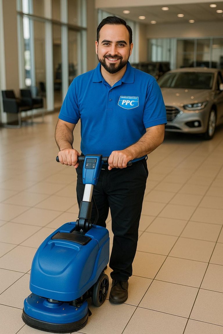 Picture Perfect Cleaning employee using a Clarke Vantage 14 autoscrubber on showroom floors in a Calgary car dealership