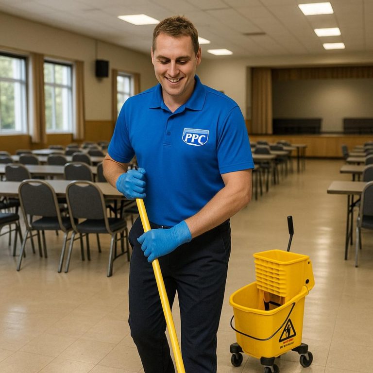 Picture Perfect Cleaning employee mopping floor inside a large community hall in Calgary or Edmonton wearing a blue PPC uniform and gloves