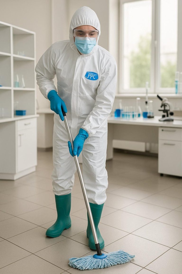 Picture Perfect Cleaning technician in full PPE mopping a laboratory floor in Calgary or Edmonton with gloves, mask, and protective suit