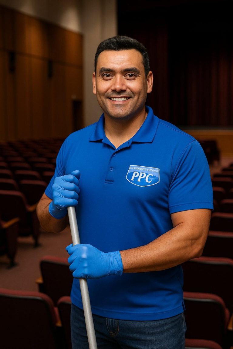 Picture Perfect Cleaning employee mopping the floor of a performing arts theatre in Calgary or Edmonton while wearing PPC uniform and gloves