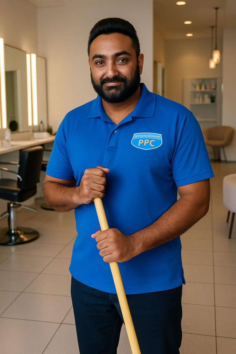 Picture Perfect Cleaning employee mopping the floor in a salon and spa in Calgary or Edmonton, wearing a blue PPC uniform and gloves