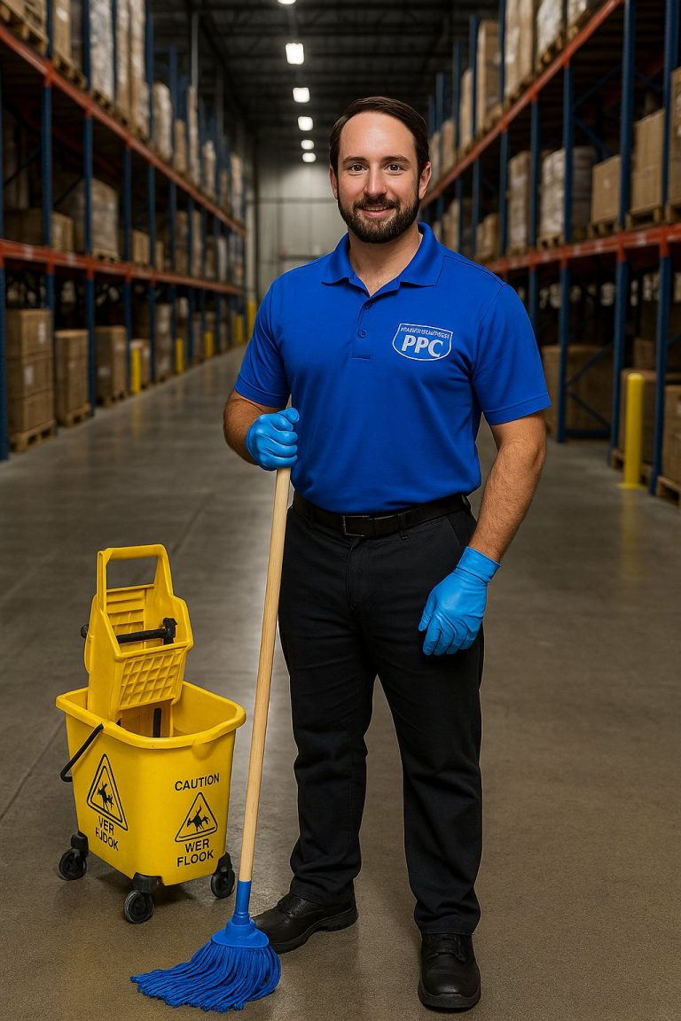 Picture Perfect Cleaning employee mopping the floor of an industrial warehouse in Calgary or Edmonton, wearing blue PPC uniform and gloves