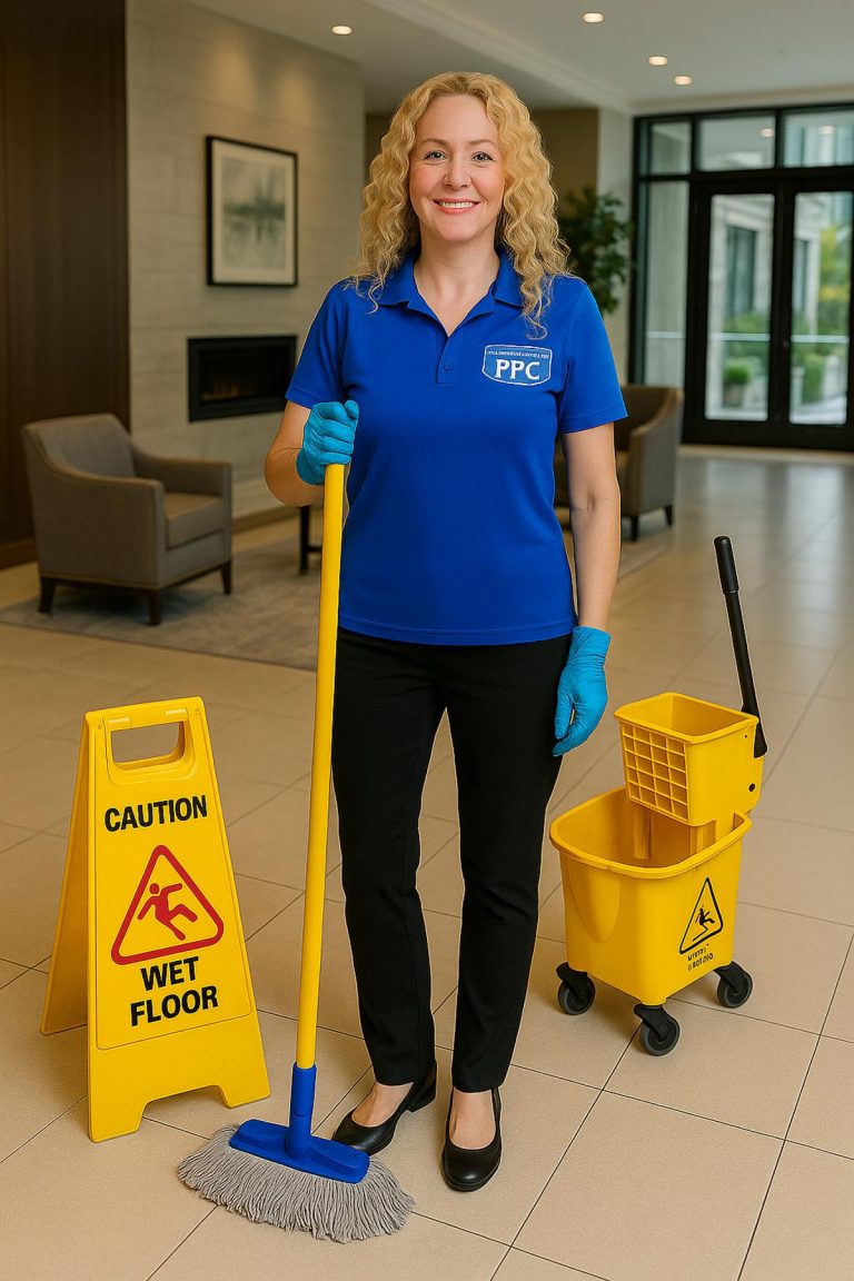 Picture Perfect Cleaning employee mopping the lobby of a luxury condominium in Calgary or Edmonton, wearing blue uniform and gloves