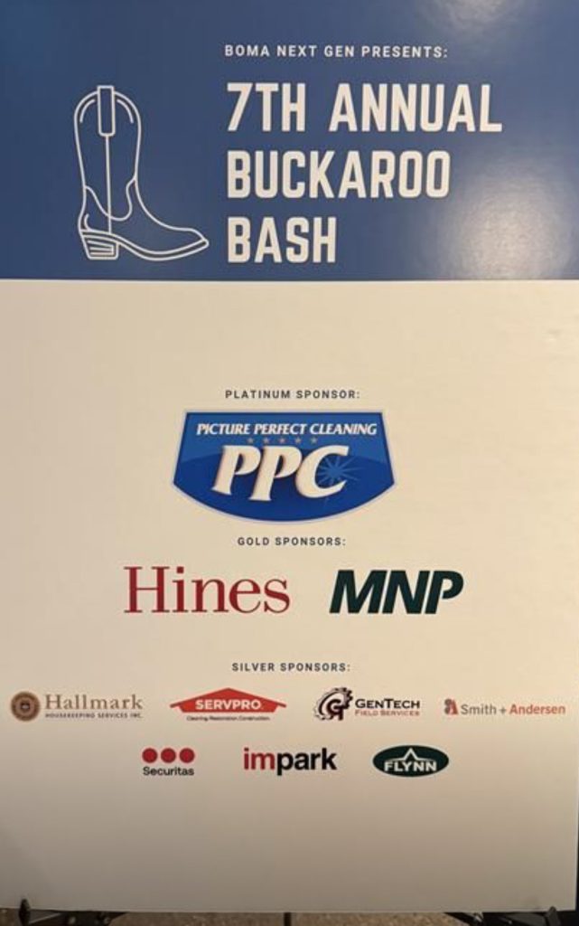 Sponsor board showcasing Picture Perfect Cleaning as the Platinum Sponsor of the 7th Annual BOMA Buckaroo Bash in Calgary.