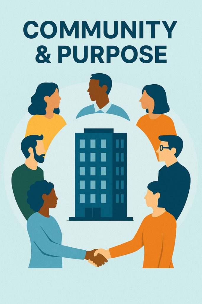 Flat-style illustration of a diverse group of six people surrounding a tall building, with two individuals shaking hands in the foreground, symbolizing community, collaboration, and shared purpose in property management.