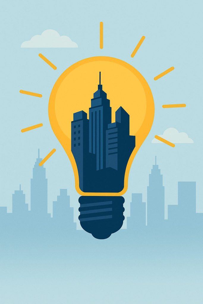 Flat-style illustration of a glowing yellow lightbulb containing a dark blue city skyline inside, symbolizing entrepreneurship, innovation, and new ideas in property management.