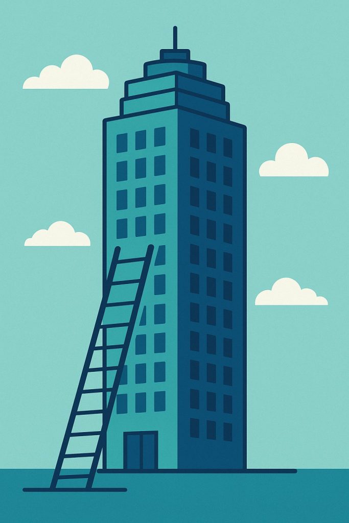 Flat-style illustration of a tall high-rise building with a ladder leaning against it, symbolizing unexpected career journeys and opportunities in property management.