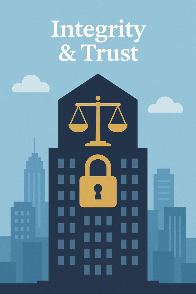 Flat-style illustration of a dark blue skyscraper with a golden balance scale and padlock integrated into its silhouette, symbolizing integrity, fairness, and trust in property management.