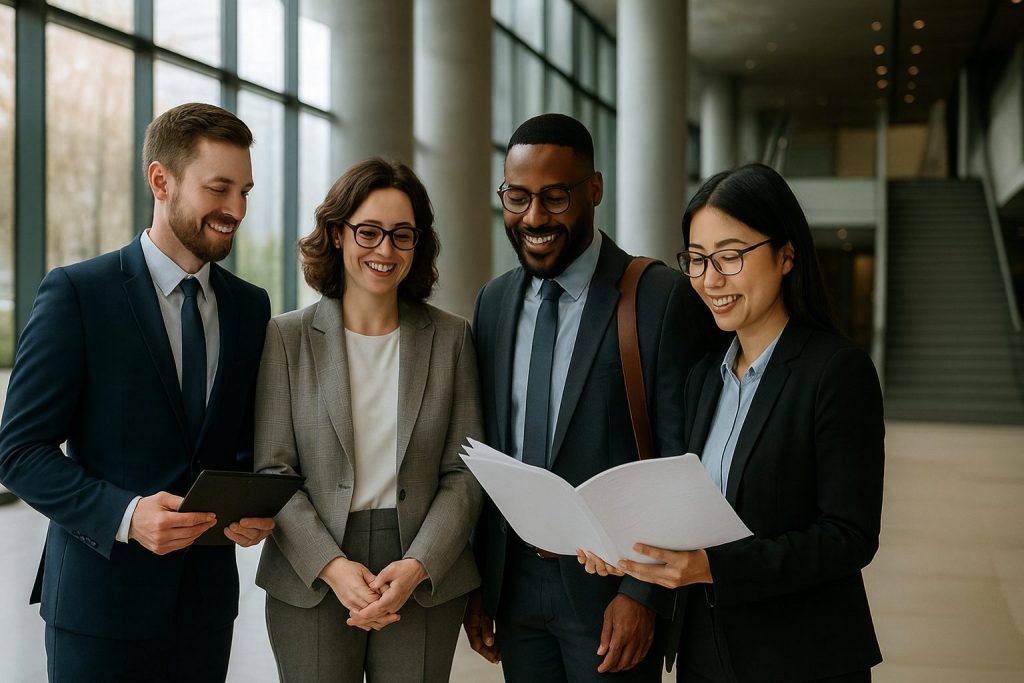Illustrated blog header showing a property manager shaking hands with clients in front of a skyscraper, surrounded by icons for leadership, resilience, relationships, integrity, innovation, community, sustainability, and career growth