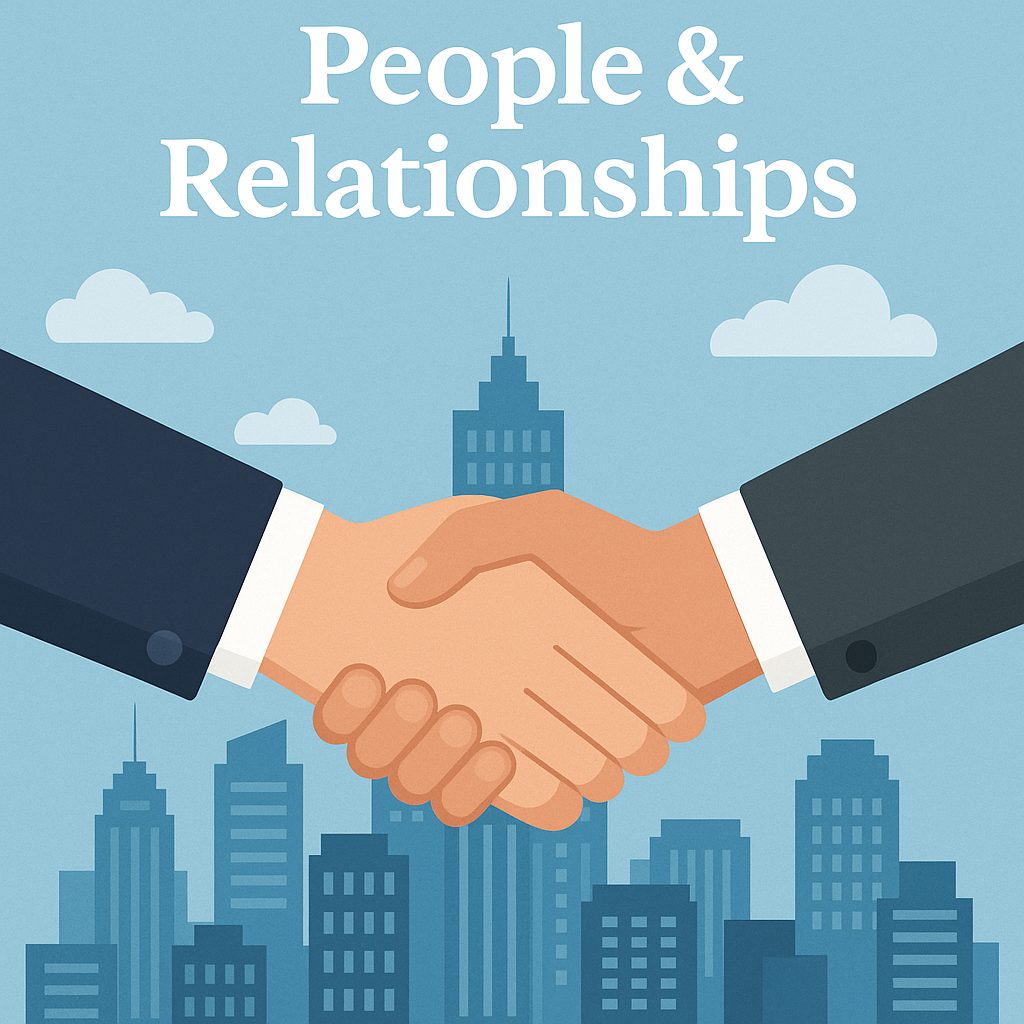 Flat-style illustration of two hands in a firm handshake, set against a modern city skyline with blue skies and clouds, symbolizing trust and relationship building in property management.