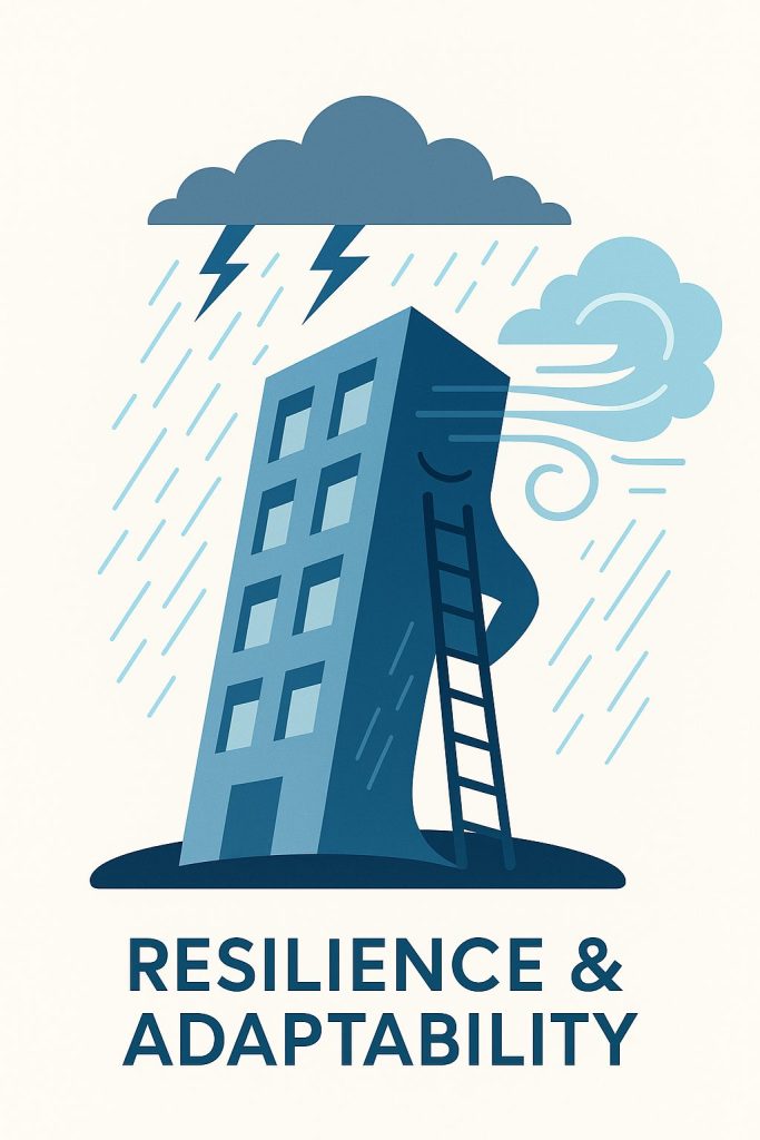 Flat-style illustration of a resilient high-rise building bending against heavy storm winds, rain, and lightning, yet remaining upright — symbolizing resilience and adaptability in property management.