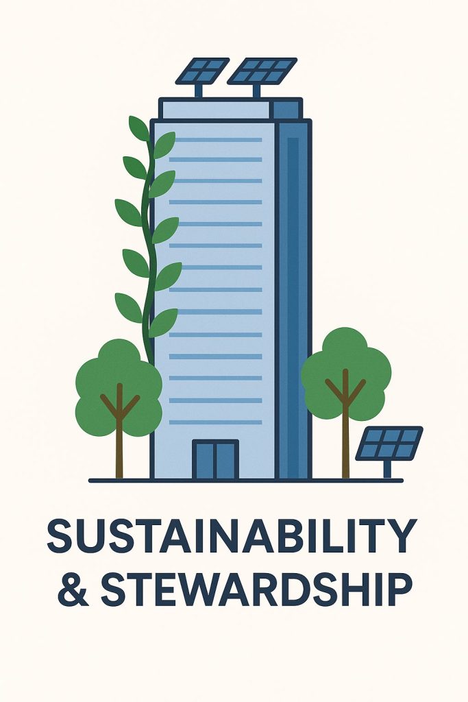 Flat-style illustration of a modern skyscraper with green vines climbing its side, solar panels on the roof and ground, and trees at the base, symbolizing sustainability and stewardship in property management.