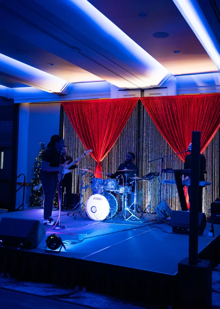 SuperSonic Heart Band performing on stage at the Picture Perfect Cleaning Christmas Party at Carriage House Inn in Calgary.